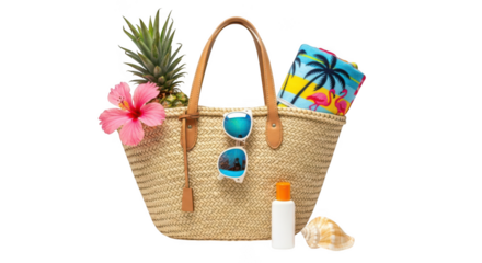Woven beach bag filled with tropical items including pineapple flower sunglasses and sunscreen isolated on transparent background