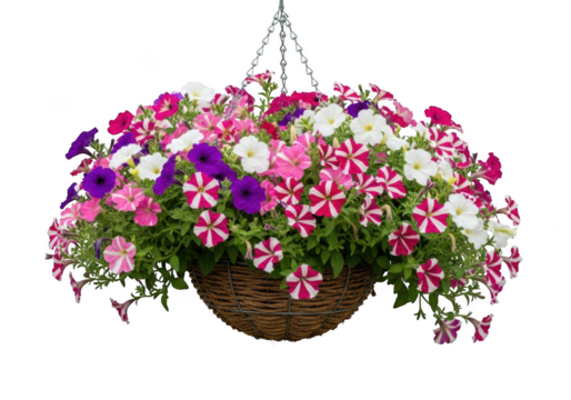 Vibrant mixed petunia flowers cascading from a woven hanging basket isolated on transparent background