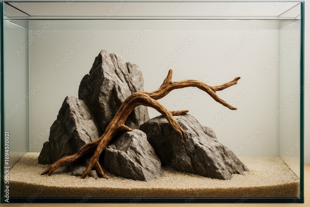 Poster natural aquascape setup with rocks and driftwood in a minimalist glass container under soft light on