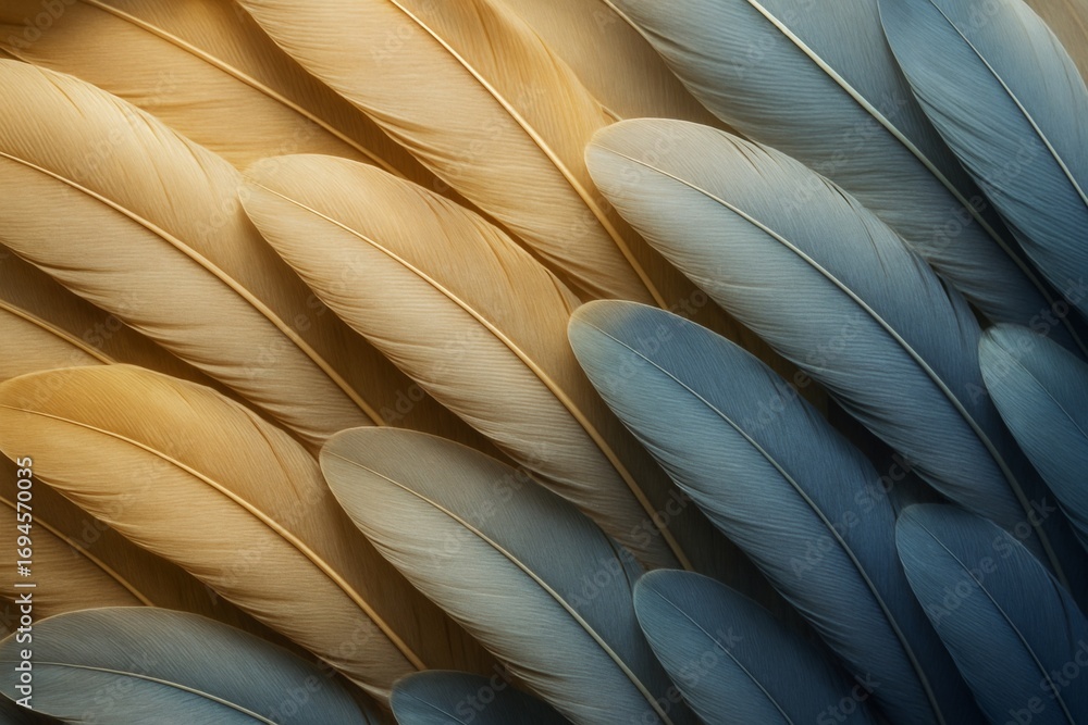 Poster soft gradient of overlapping golden and blue feathers with smooth texture and warm light, forming a 