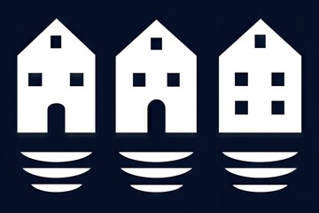 Three simple, stylized houses on a dark background.