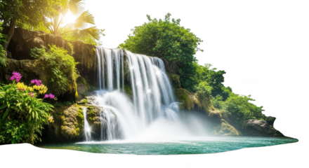 Lush tropical waterfall cascading down rocky cliffs surrounded by vibrant greenery and flowers isolated on transparent background