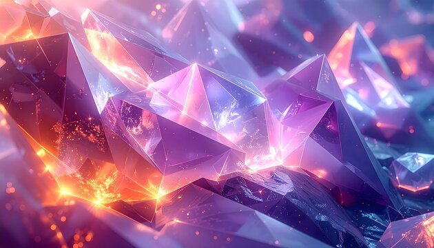 Close-up of sparkling purple and pink crystals with glowing orange embers, suggesting magic and fantasy - Powered by Adobe