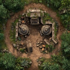 An old artillery piece rusting in a lush, overgrown environment.