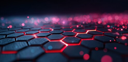 Obraz premium Abstract hexagonal grid with glowing red lines and bokeh