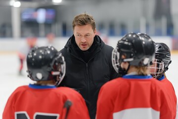 Hockey Coach. Coaching Youth in Ice Hockey Game with Strategic Tactics and Plans