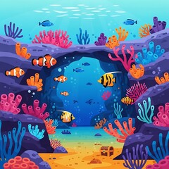 Vibrant Underwater Ecosystem Cartoon Illustration Featuring Colorful Fish and Coral Reefs with a Treasure Chest