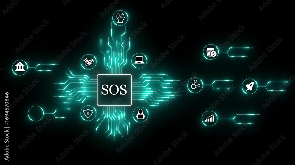 Poster futuristic ai circuit board with sos alert and rocket launch icon digital technology concept. ai cir