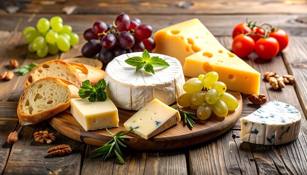Assorted cheeses, grapes, and bread on a wooden board