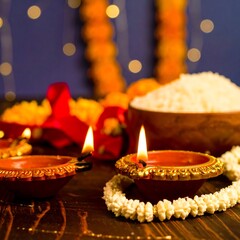 Diwali celebration with diyas and flowers