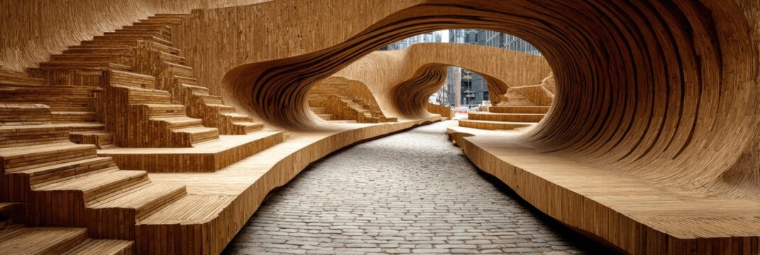 Wooden tunnel-like structure with seating and stairs