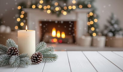 White pillar candle with frosted pinecones and fir branches on white wooden table, glowing fireplace and Christmas lights background, warm festive holiday decoration with copy space