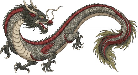 Obraz premium Detailed illustration of an eastern dragon showcasing intricate design and vibrant colors against a neutral background