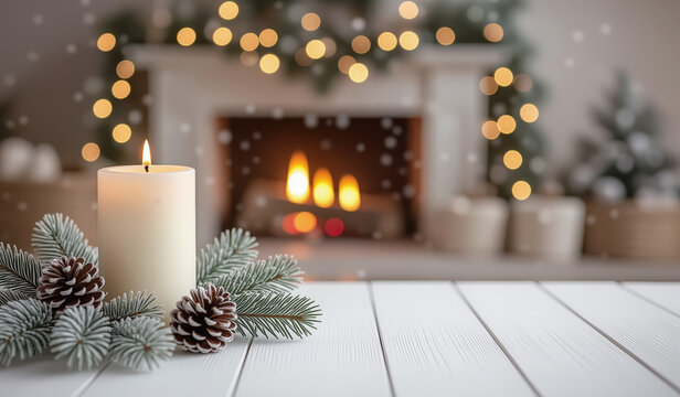 White pillar candle with frosted pinecones and fir branches on white wooden table, glowing fireplace and Christmas lights background, warm festive holiday decoration with copy space - Powered by Adobe
