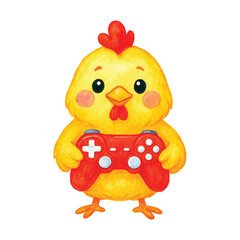 Cute watercolor yellow chick gamer with red controller