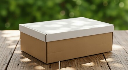 Simple Cardboard Box on Wooden Table with Greenery Background
