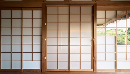 a photograph of an empty japanese sliding window with a light brown frame and white glass