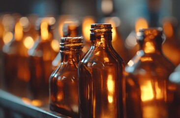 Amber glass bottles in a production line