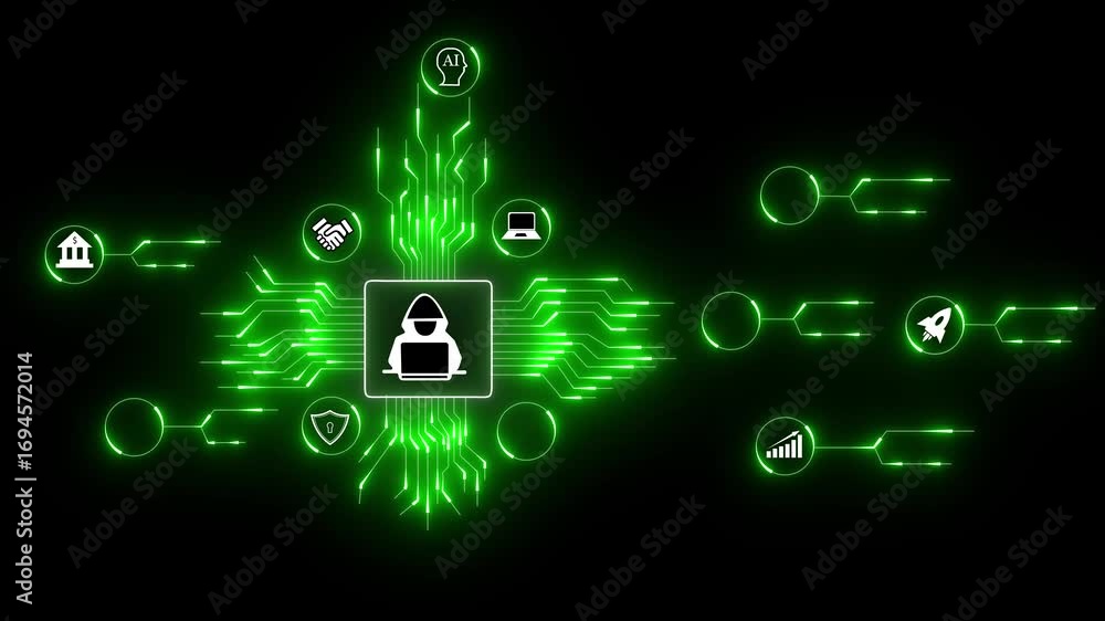 Poster ai hacker and cyber security on a digital network. ai and cyber security icons for protection, innov