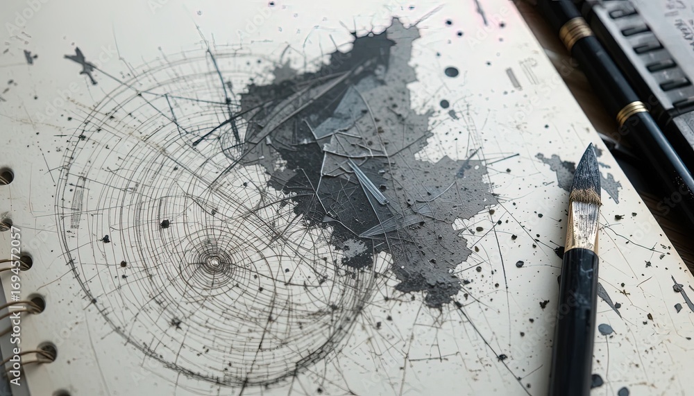 Poster an intricate, abstract drawing on paper, showcasing a complex network of lines and splatters of grey