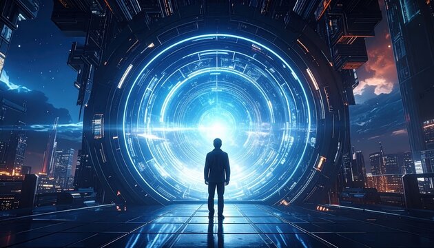 A futuristic cityscape backdrop showcases a person standing before a glowing portal, radiating an aura of mystery and possibility.
