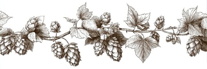 Hops Border. Vintage Hand-Drawn Sketch of Hops Plant with Leaves and Cones. Botanical Design Element for Beer Label