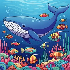 Whale  Colorful Reef Fish.