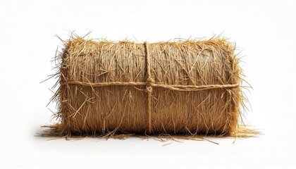 Single round bale of dry hay tied with rough rope strings. Rustic symbol of agriculture, farm harvest, rural countryside life. Natural plant material used as animal feed for seasonal autumn