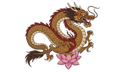 Fototapeta premium Illustration of a stylized golden dragon over a lotus flower against a white background