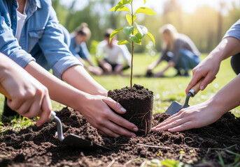 Tree planting activity, gardening hands, nurturing nature, environmental conservation, outdoor teamwork, sustainable practices, community involvement.