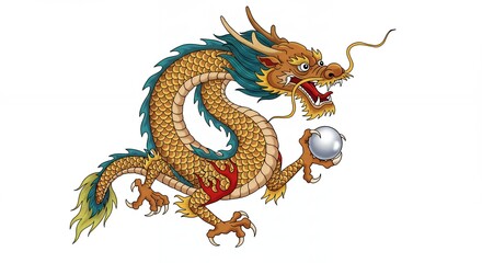 Fototapeta premium Mythical dragon illustration with gold and teal colors against white background