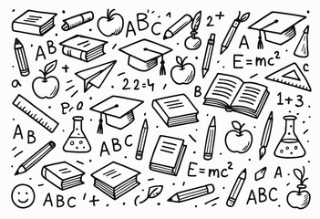 Doodle design of educational symbols with books, apples, and math icons