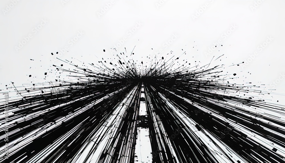 Poster a dynamic black and white design featuring radiating lines and shapes, creating a sense of movement 