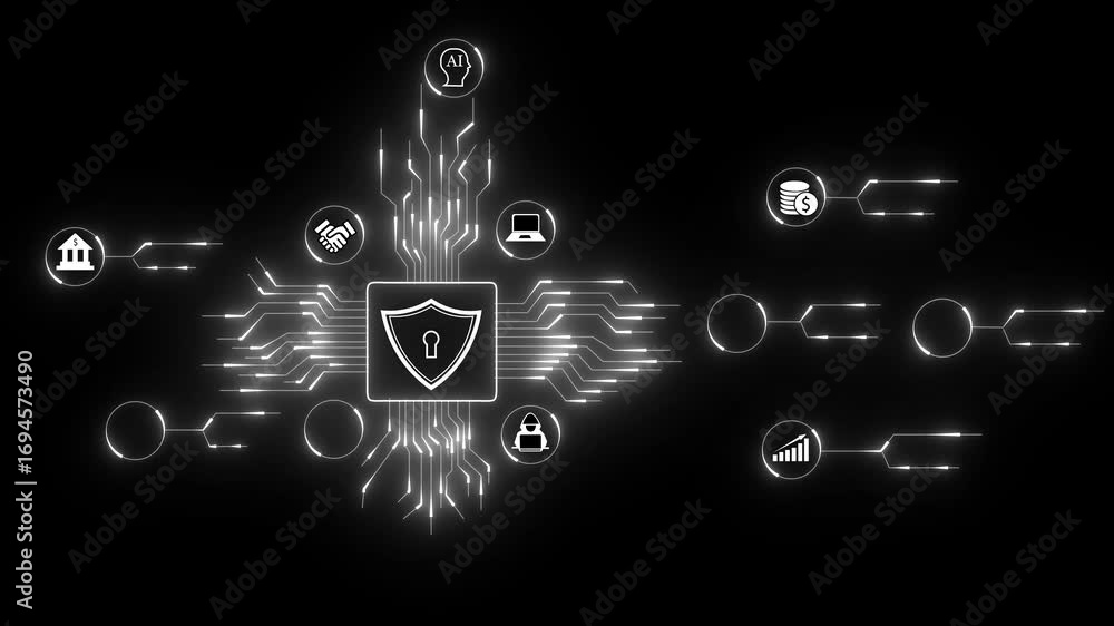 Poster futuristic ai cybersecurity shield with digital network connections and glowing circuits. security a