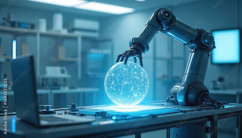Aufkleber robotic arm interacting with glowing digital sphere in modern lab. futuristic technology with interc