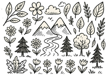 Fototapeta premium Hand-drawn nature scene with mountains, trees, and flowers in black and white
