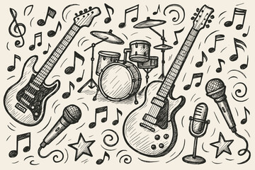 Obraz premium Hand-drawn musical instruments with guitars, drums, and microphones with music notes