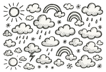 Fototapeta premium Hand-drawn weather icons sun, clouds, rainbows, and raindrops in black and white