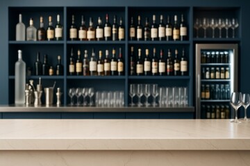 Marble bar counter with blurred liquor bottles and glasses in background, perfect for drink branding or advertising mockup design template concepts.