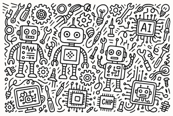 Playful robot doodle with ai elements and computer chips