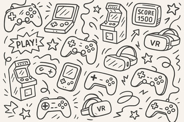 Retro gaming and modern vr consoles doodle pattern