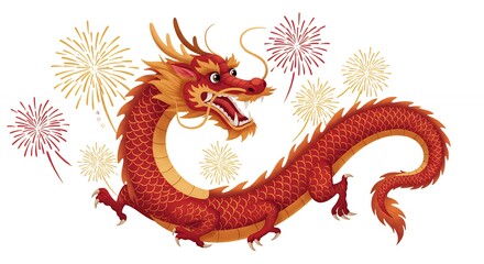 Red dragon illustration with fireworks on white background