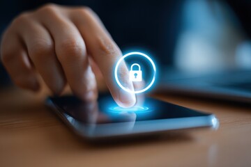 A hand touches a glowing lock icon on a phone screen