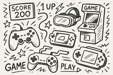 Retro gaming doodles console, arcade, handheld and vr elements in fun sketch style