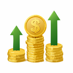 Stack of golden coins with a dollar symbol and two green upward arrows. Financial growth