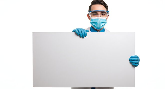 A creative cartoon scientist in a lab coat with detailed realistic features, safety glasses, and gloves, holding a large blank board, white background, high detail, vivid enhanced colors.