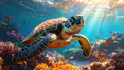 Obraz premium A vibrant sea turtle gracefully glides through a vibrant coral reef, bathed in sunlight filtering through the water.