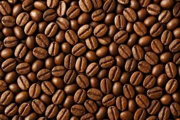 Close-up of roasted coffee beans forming a textured background under warm light, showcasing creative food concept in high detail. Ai generative
