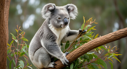 Fototapeta premium Gray Koala Sitting on Branch with Green Leaves in Natural Setting