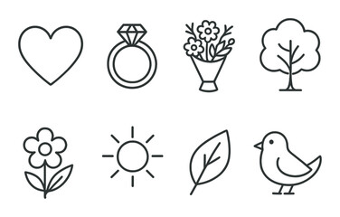 Collection of eight simple black line icons on gray background